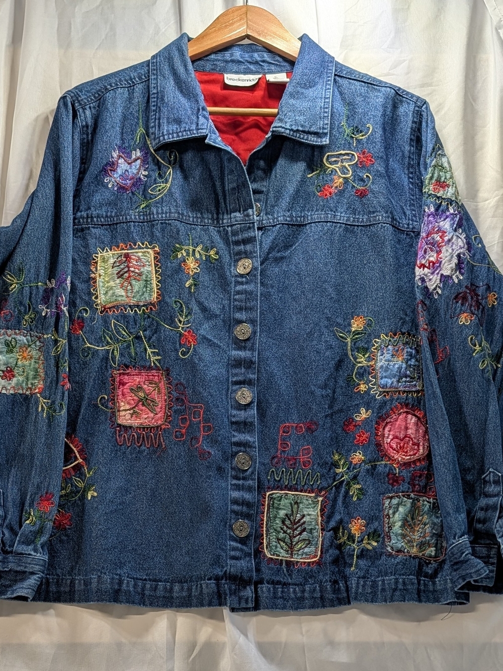 Breckenridge Floral Embroidered Dark Blue Button Front Denim Jacket Size XL